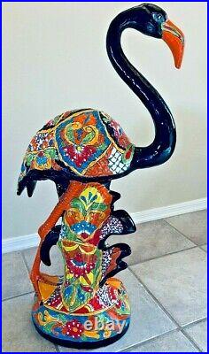 Mexican Talavera Flamingo Bird Pottery Large 31 Figure Blue Folk Art Ceramic