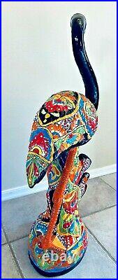 Mexican Talavera Flamingo Bird Pottery Large 31 Figure Blue Folk Art Ceramic