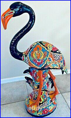 Mexican Talavera Flamingo Bird Pottery Large 31 Figure Blue Folk Art Ceramic