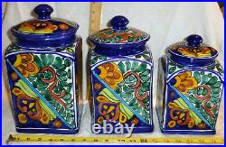 Mexican Talavera Pottery Canister Set Bold Blue Ceramic Large Cookie Folk Art