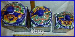 Mexican Talavera Pottery Canister Set Bold Blue Ceramic Large Cookie Folk Art