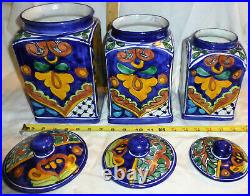 Mexican Talavera Pottery Canister Set Bold Blue Ceramic Large Cookie Folk Art