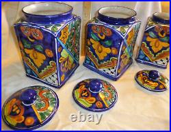 Mexican Talavera Pottery Canister Set Bold Blue Ceramic Large Cookie Folk Art