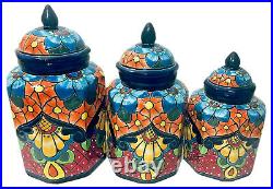 Mexican Talavera Pottery Canister Set Folk Art Ceramic Large Cookie Jar Octagon