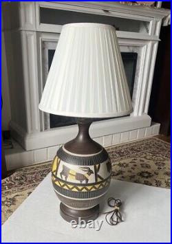 MidCentury Modern Studio Art Pottery Ceramic Incised Abstract Animal Table Lamp