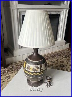 MidCentury Modern Studio Art Pottery Ceramic Incised Abstract Animal Table Lamp