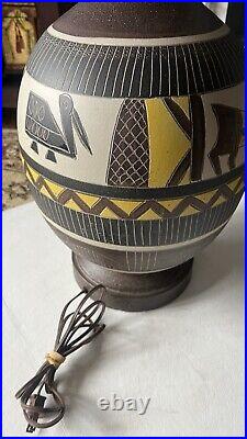 MidCentury Modern Studio Art Pottery Ceramic Incised Abstract Animal Table Lamp