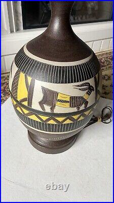 MidCentury Modern Studio Art Pottery Ceramic Incised Abstract Animal Table Lamp