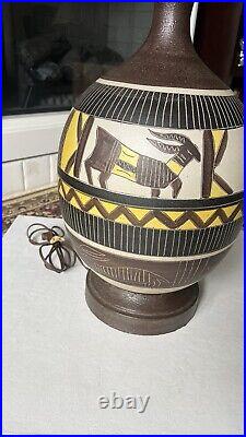 MidCentury Modern Studio Art Pottery Ceramic Incised Abstract Animal Table Lamp