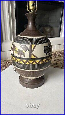 MidCentury Modern Studio Art Pottery Ceramic Incised Abstract Animal Table Lamp