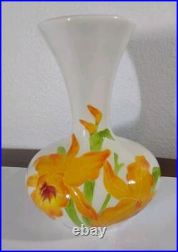 Mid Century Ceramic Pottery Floral Signed Vase- Embossed Relief 7 Tall X 6.25