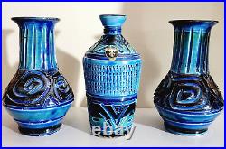 Mid Century Florentine Bitossi Italian Art Pottery Rimini Blue & Green Vase Set