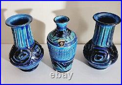 Mid Century Florentine Italian Art Pottery Rimini Blue and Green Vase Set of 3