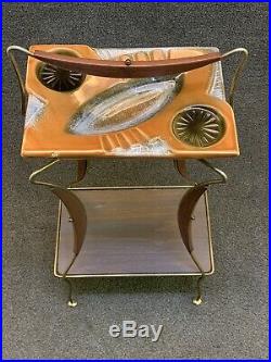 Mid Century Modern Gold Tone Wire & Art Pottery Smoke Stand Drink Ashtray Table