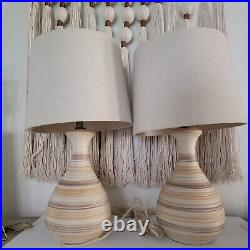 Mid Century Modern Textured Ceramic Art Pottery Lamps Set Of 2 Sand Tones