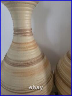 Mid Century Modern Textured Ceramic Art Pottery Lamps Set Of 2 Sand Tones