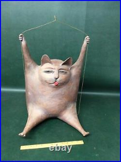 Mid Century Modernist ART POTTERY Large Hanging Fat Cat Signed Sculpture dB
