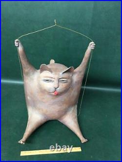 Mid Century Modernist ART POTTERY Large Hanging Fat Cat Signed Sculpture dB