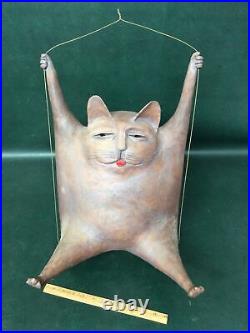 Mid Century Modernist ART POTTERY Large Hanging Fat Cat Signed Sculpture dB