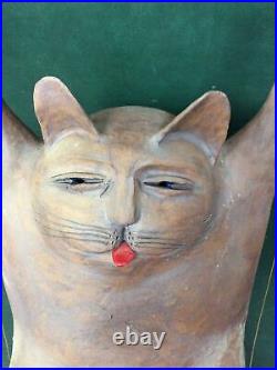 Mid Century Modernist ART POTTERY Large Hanging Fat Cat Signed Sculpture dB