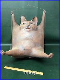 Mid Century Modernist ART POTTERY Large Hanging Fat Cat Signed Sculpture dB