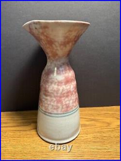 Mid-Century Studio Art Pottery Ceramic Pink Brown Glazed Carafe 11 Signed MH