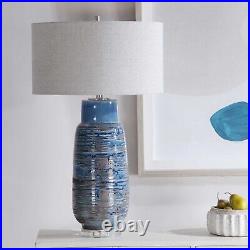Modern Art Pottery Blue Bronze Lined Table Lamp Neutral Drip Glaze Ceramic White