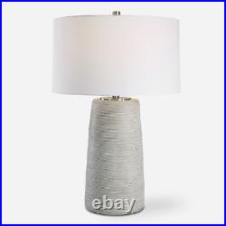 Modern Minimalist Gray Art Pottery Table Lamp 28 in Ceramic Carved Ribbed White