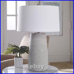 Modern Minimalist Gray Art Pottery Table Lamp 28 in Ceramic Carved Ribbed White