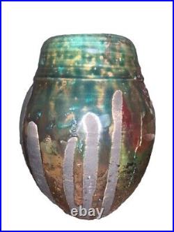Modern Raku Signed Green Glaze Pottery Vase 7.25T 5.5Diam Body