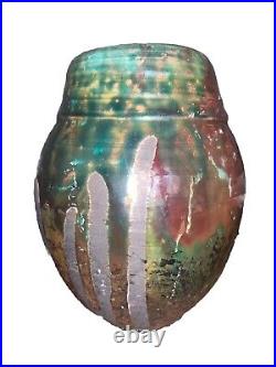 Modern Raku Signed Green Glaze Pottery Vase 7.25T 5.5Diam Body