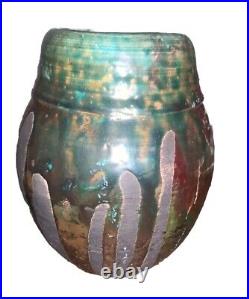 Modern Raku Signed Green Glaze Pottery Vase 7.25T 5.5Diam Body