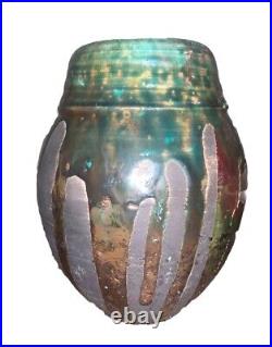 Modern Raku Signed Green Glaze Pottery Vase 7.25T 5.5Diam Body
