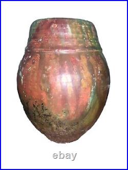 Modern Raku Signed Green Glaze Pottery Vase 7.25T 5.5Diam Body