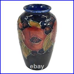 Moorcroft 1910-30s Vintage Art Pottery Red Pomegranate Grapes Blue Ceramic Vase