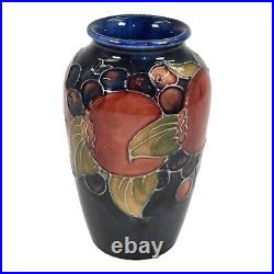 Moorcroft 1910-30s Vintage Art Pottery Red Pomegranate Grapes Blue Ceramic Vase