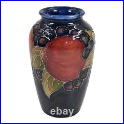 Moorcroft 1910-30s Vintage Art Pottery Red Pomegranate Grapes Blue Ceramic Vase