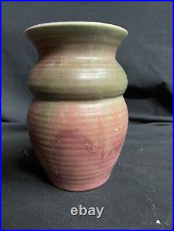 Muncie 1920s Vintage Art Deco Pottery Matte Green Over Rose Ceramic Vase