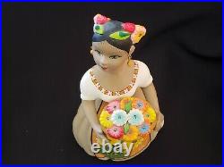 NAJACO Ceramic Mexican Folk Art Doll Sunflower Dress & Basket of Flowers SIGNED