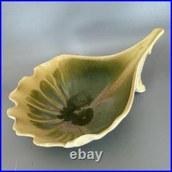 NEWMAN Ceramic Works Art Pottery LEAF DISH Bowl SIGNED Green Yellow BEAUTIFUL