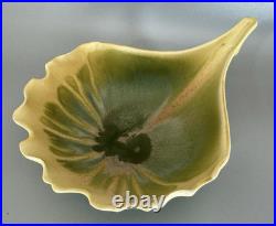NEWMAN Ceramic Works Art Pottery LEAF DISH Bowl SIGNED Green Yellow BEAUTIFUL