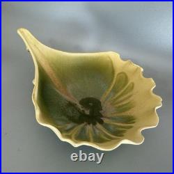 NEWMAN Ceramic Works Art Pottery LEAF DISH Bowl SIGNED Green Yellow BEAUTIFUL