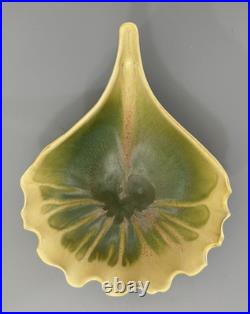 NEWMAN Ceramic Works Art Pottery LEAF DISH Bowl SIGNED Green Yellow BEAUTIFUL