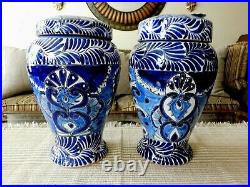 New Talavera Pottery Mexico Folk Art 2 Ginger Jars Lid Vase Large 15 x 9.5