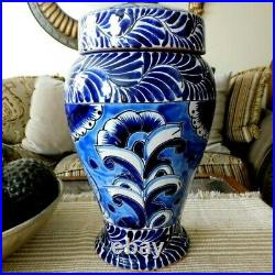 New Talavera Pottery Mexico Folk Art 2 Ginger Jars Lid Vase Large 15 x 9.5