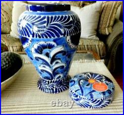 New Talavera Pottery Mexico Folk Art 2 Ginger Jars Lid Vase Large 15 x 9.5