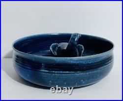 OOAK Art Pottery Bowl WithElephent Figure In Center Blue Glazed Artist Signed
