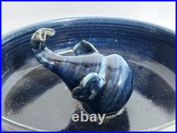 OOAK Art Pottery Bowl WithElephent Figure In Center Blue Glazed Artist Signed