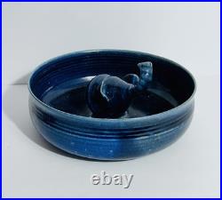 OOAK Art Pottery Bowl WithElephent Figure In Center Blue Glazed Artist Signed
