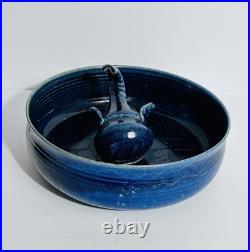 OOAK Art Pottery Bowl WithElephent Figure In Center Blue Glazed Artist Signed